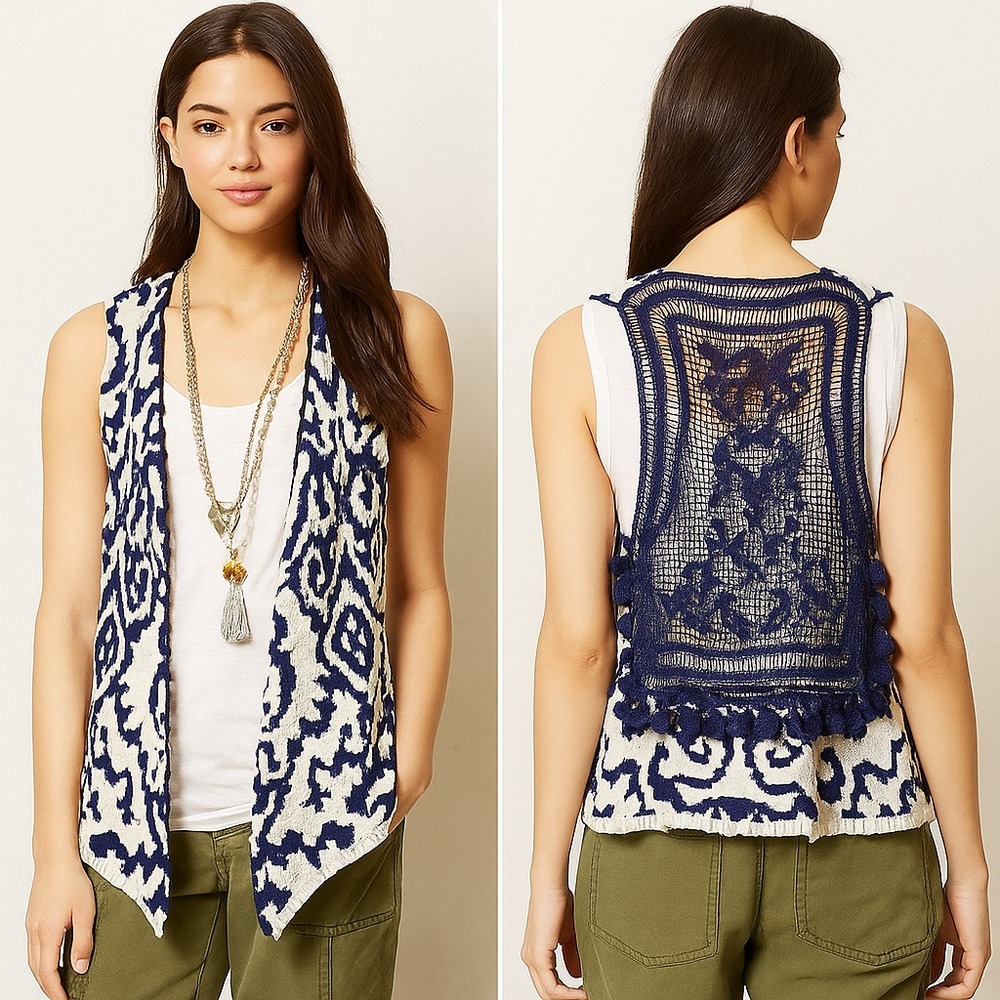 Anthropologie Moth Size‎ M/L Turson Netted Crochet Tassel Vest in Navy & Cream